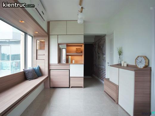 Mẫu thiết kế chung cư mini theo phong cách hiện đại với màu nâu tươi sáng, những hộc tủ cũng giúp ích rất nhiều cho người sử dụng