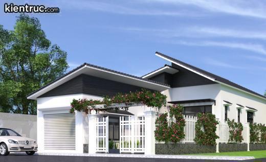 Căn nhà với tông màu trắng phổ biến kết hợp với phần mái có gam màu trầm tạo nên sự hài hòa màu sắc