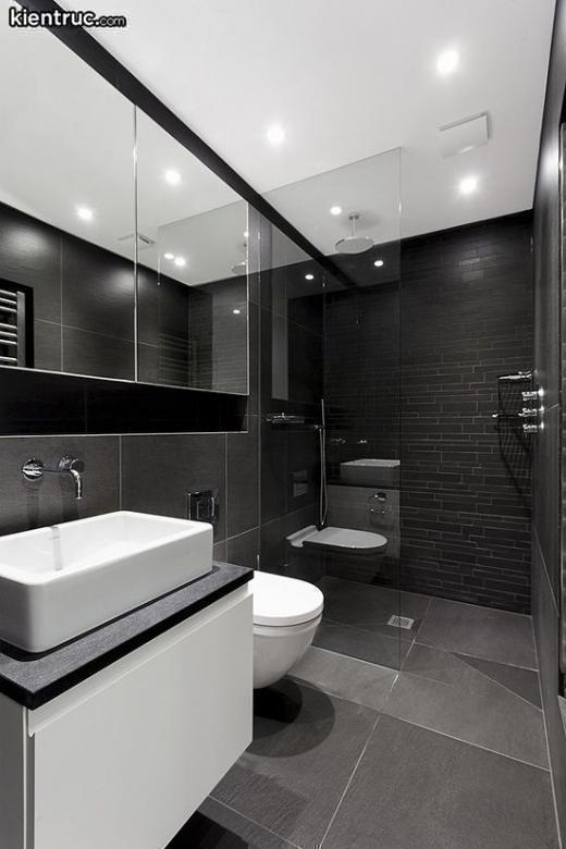 Tông màu tối được dùng nhiều trong thiết kế phòng tắm nhỏ đẹp.