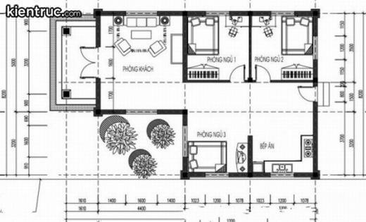  Bản vẽ mẫu nhà cấp 4 3 phòng ngủ có sân vườn có cách bố trí khá hợp lý.