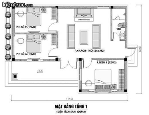  Bản vẽ mẫu nhà cấp 4 3 phòng ngủ 1 phòng thờ mái thái.