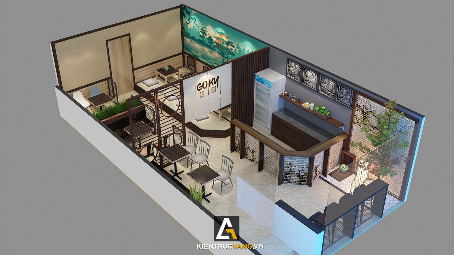 Thiết kế nội thất Cafe tại Hà Nội Thiết kế quán trà sữa Goky, chi nhánh Trung Kính 1616668923 0